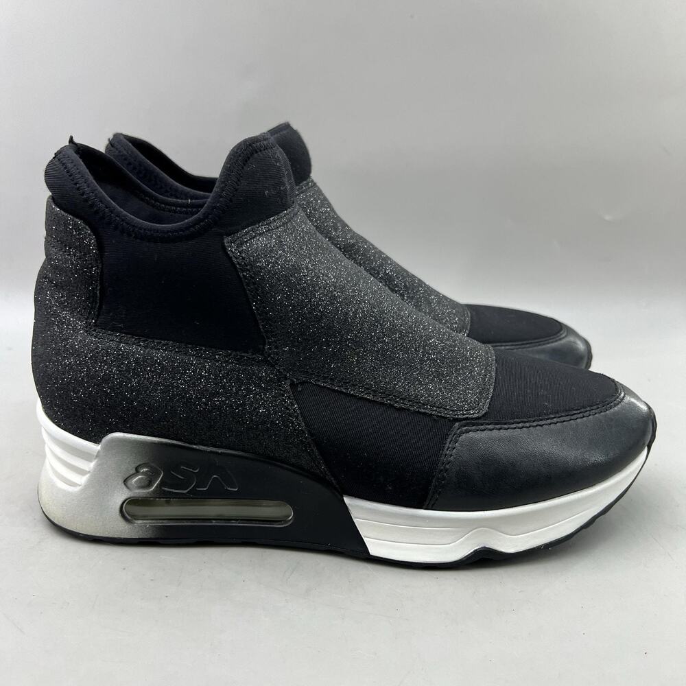 Ash Lazer Glit Hidden Wedge Slip On Shoes Women Size 8.5 Black Glitter Sneakers